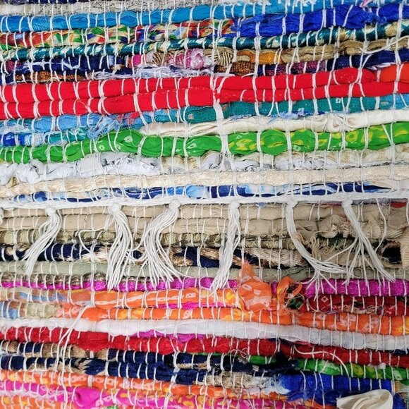 Multicolor Woven Recycled Material Fringe Tassel Colorful Rectangle Rug 64x35" - Picture 3 of 5